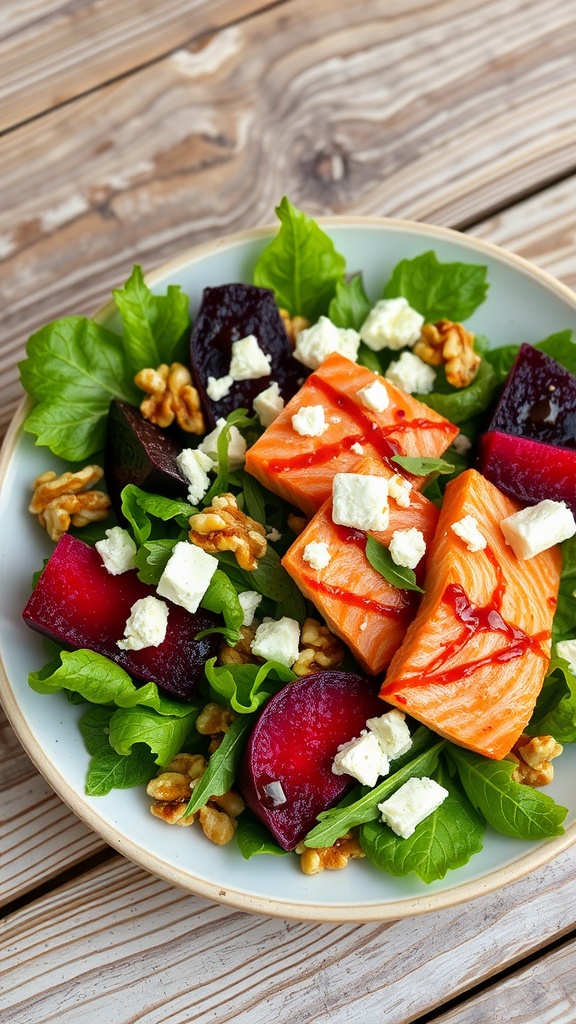 A colorful roasted beet and salmon salad with greens, feta, and walnuts on a rustic wooden table.